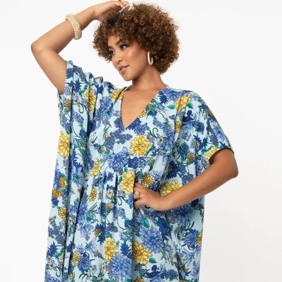 Unique Vintage Dresses & Skirts - Unique-Vintage *NWT* Blue & Yellow Floral Burton Caftan Dress, 70's Inspired